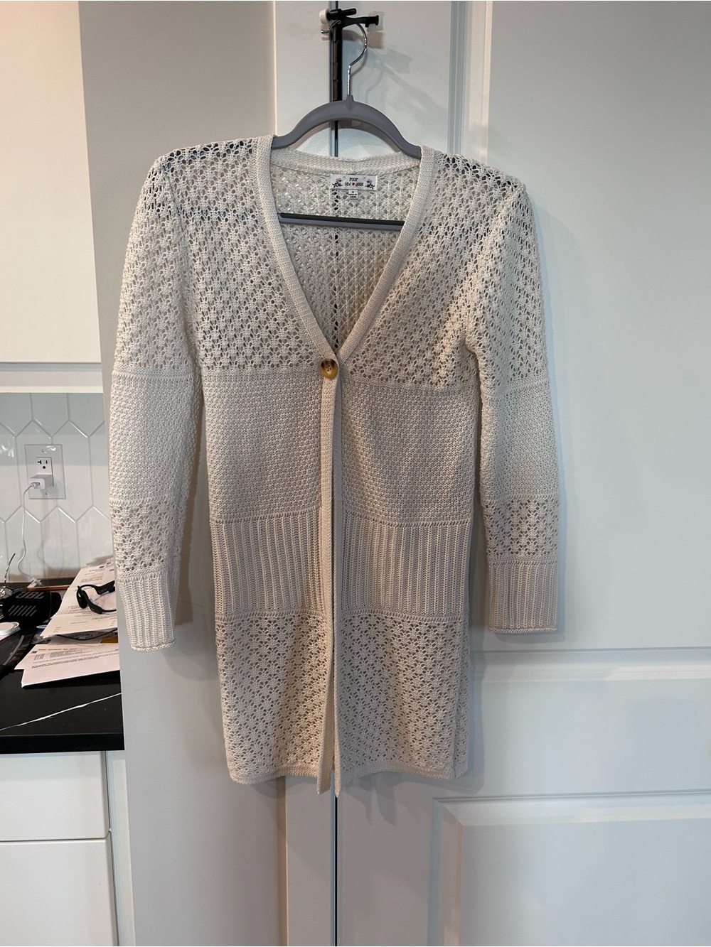 Poof New York Cream Open Crochet Long Cardigan Sweater Duster Y2K Style Boho